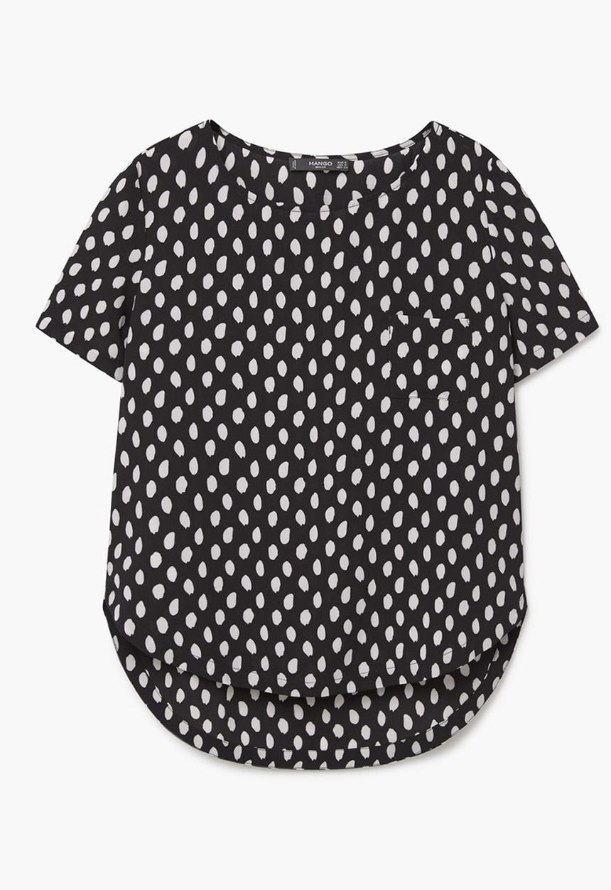MANGO - Spotted Chest-pocket Blouse Black and White