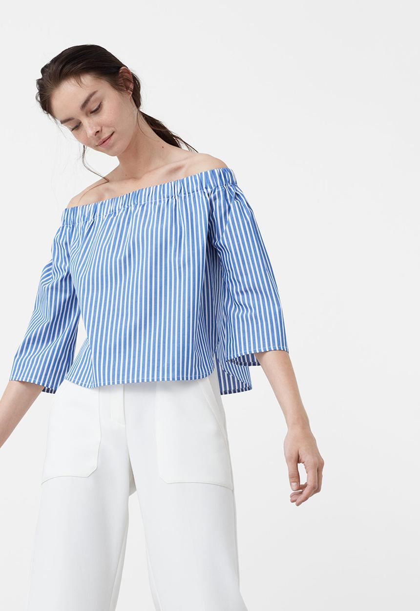 MANGO - Off the Shoulder Poplin Blouse Blue and White