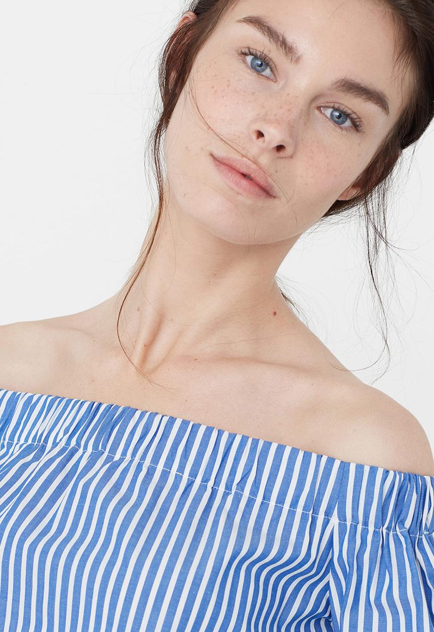 MANGO - Off the Shoulder Poplin Blouse Blue and White