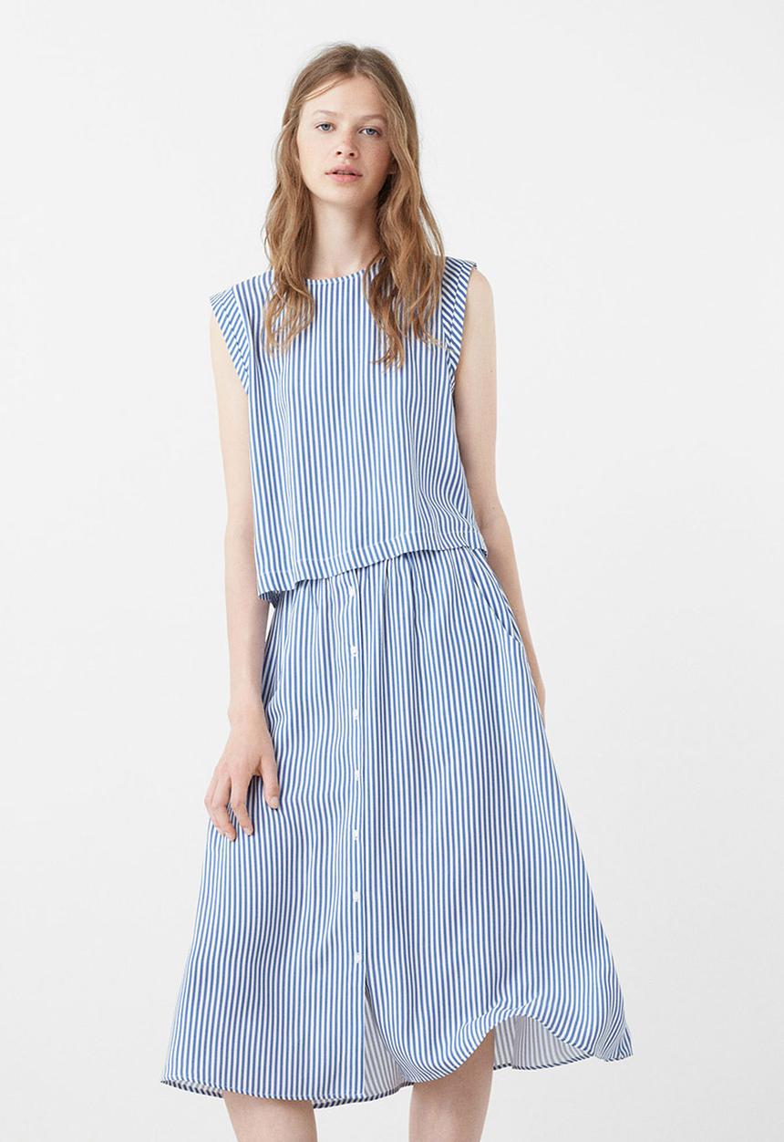 MANGO - Striped Button Detail Midi Skirt Blue and White