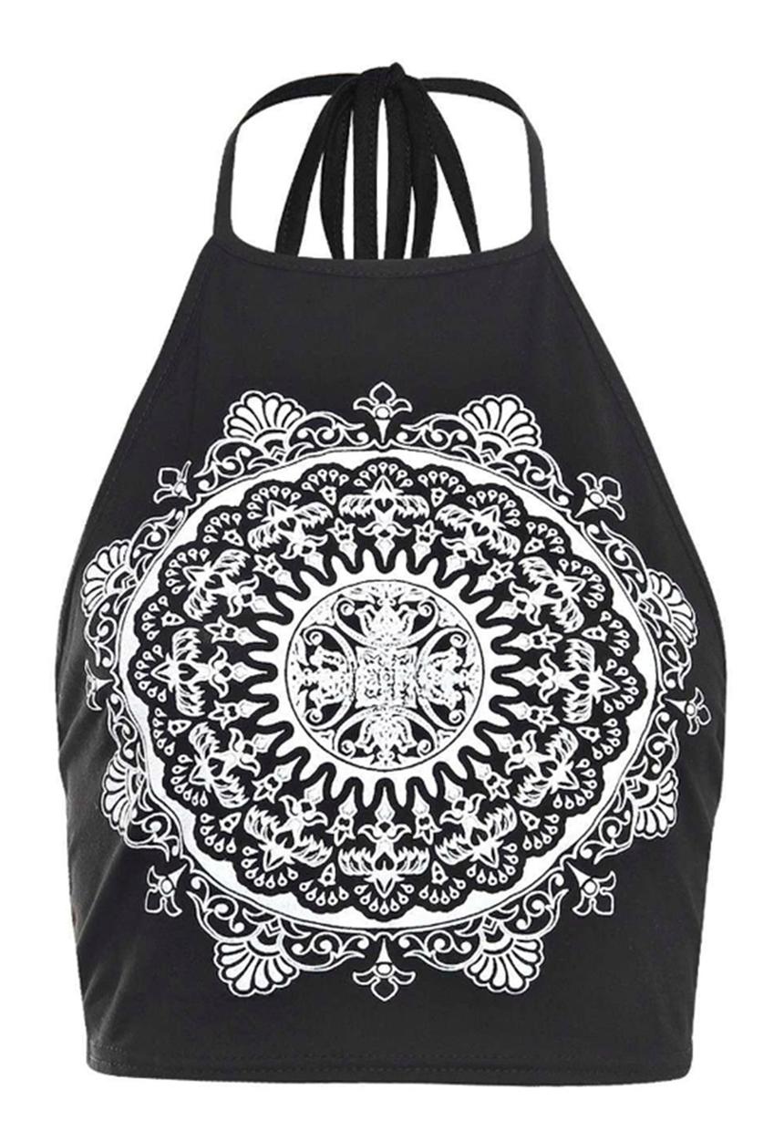BoohooDNU - Ethnic Print Halter Tie Crop Top Black
