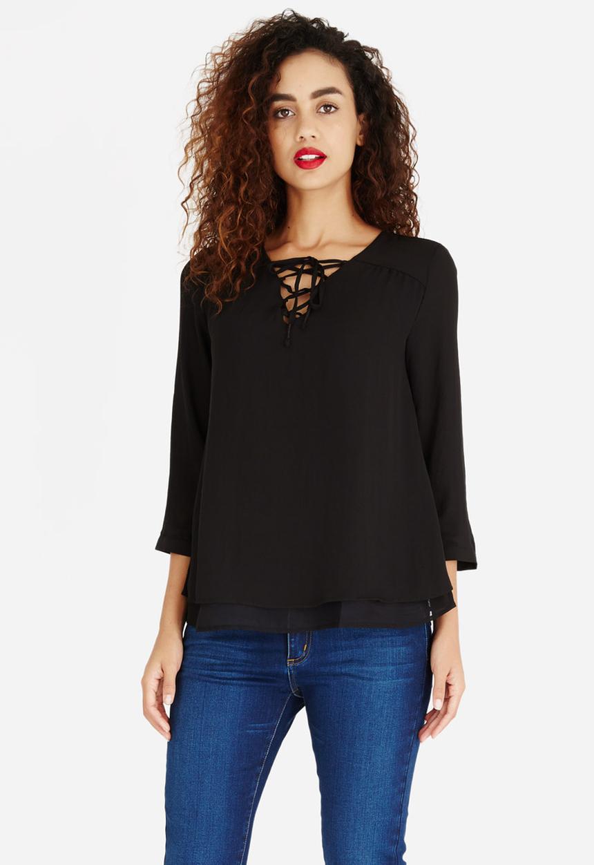 ONLY - Lace-up 3/4 Sleeve Blouse Black