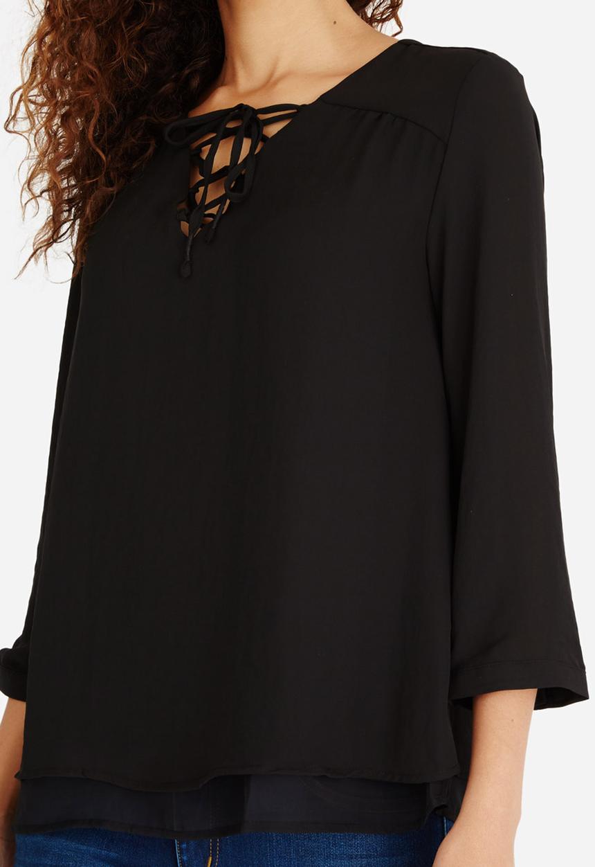 ONLY - Lace-up 3/4 Sleeve Blouse Black