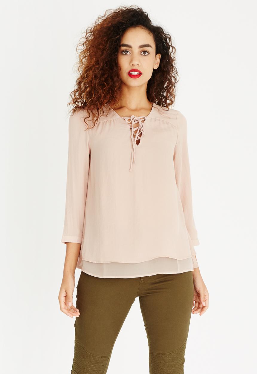 ONLY - Lace-up 3/4 Sleeve Blouse Pale Pink