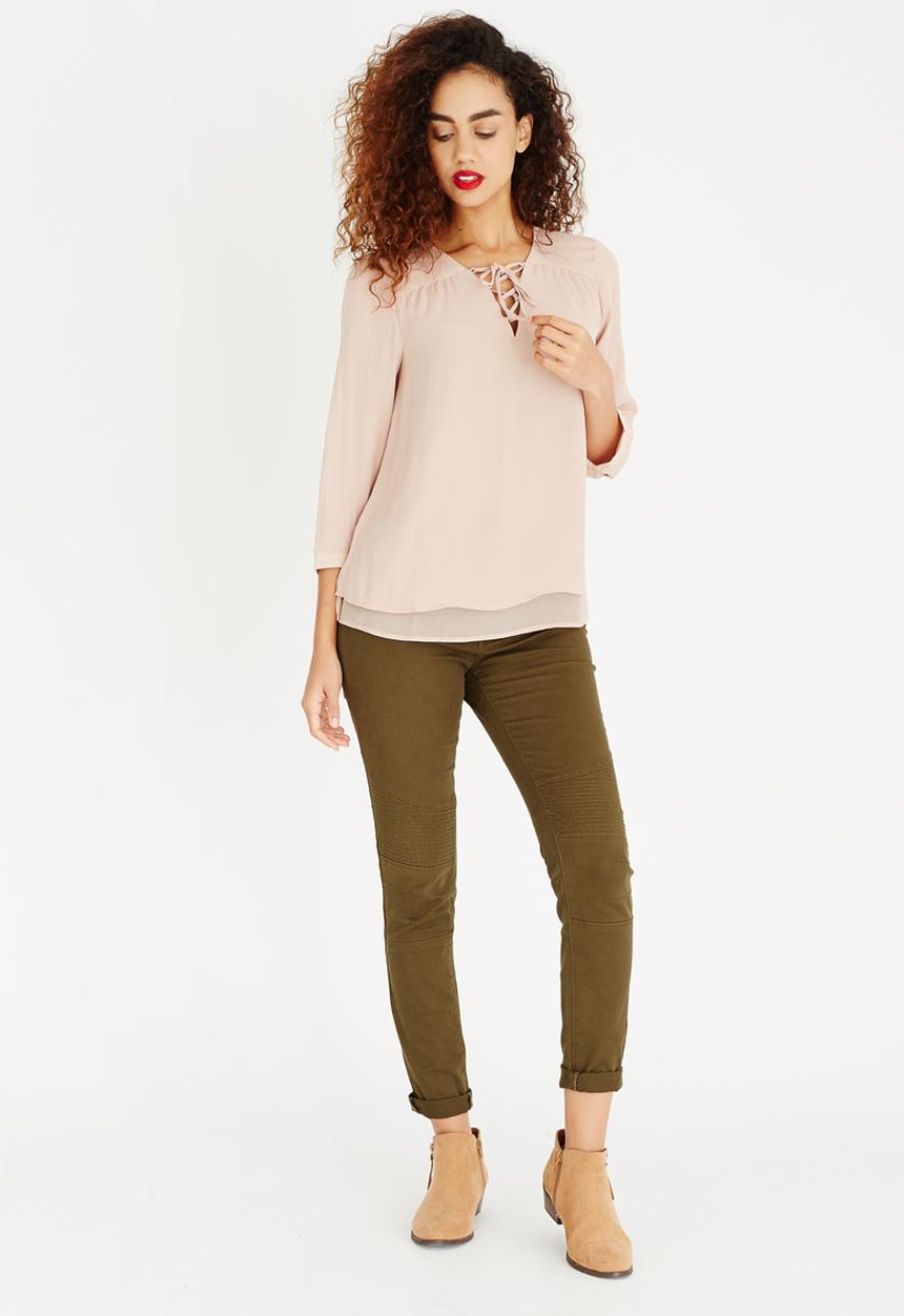 ONLY - Lace-up 3/4 Sleeve Blouse Pale Pink