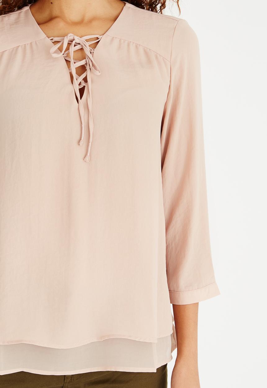 ONLY - Lace-up 3/4 Sleeve Blouse Pale Pink