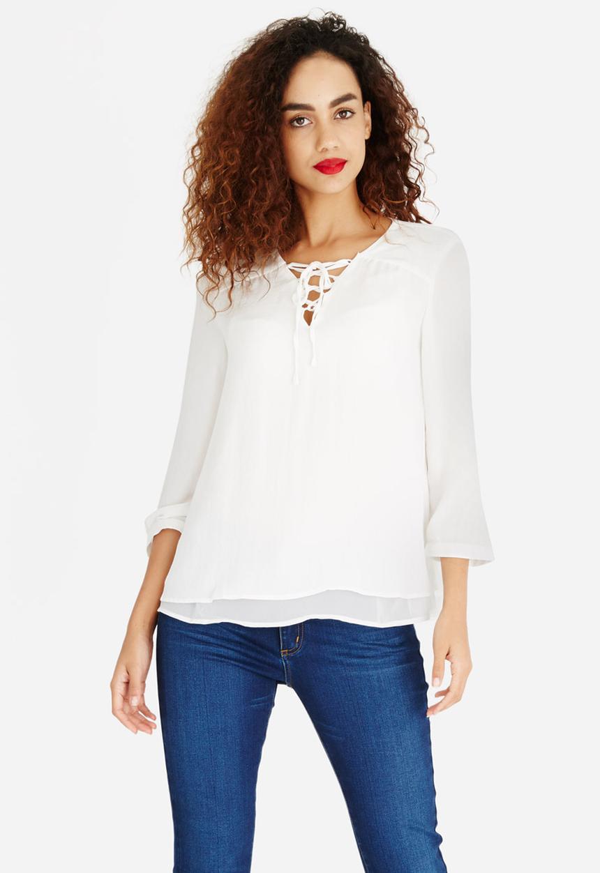 ONLY - Lace-up 3/4 Sleeve Blouse White