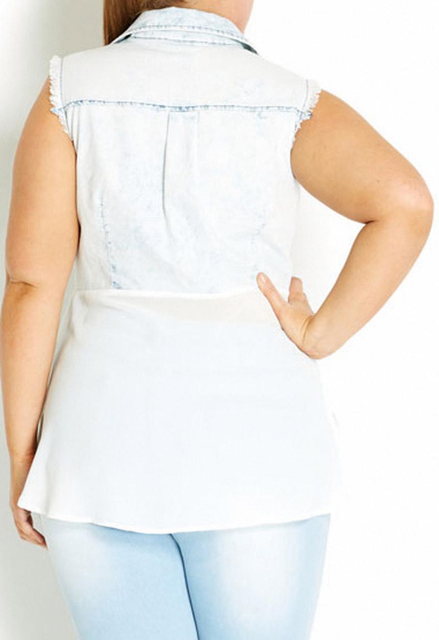 City Chic - Embellished denim and chiffon shirt pale Blue