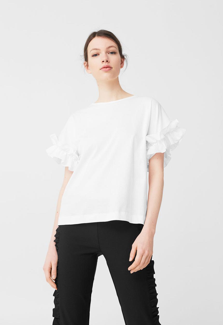 MANGO - Ruffled Sleeve T-shirt White