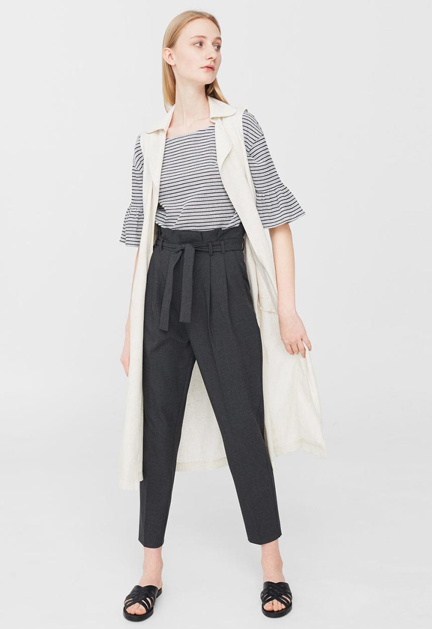 MANGO - Striped Ruffled Sleeve T-shirt Black