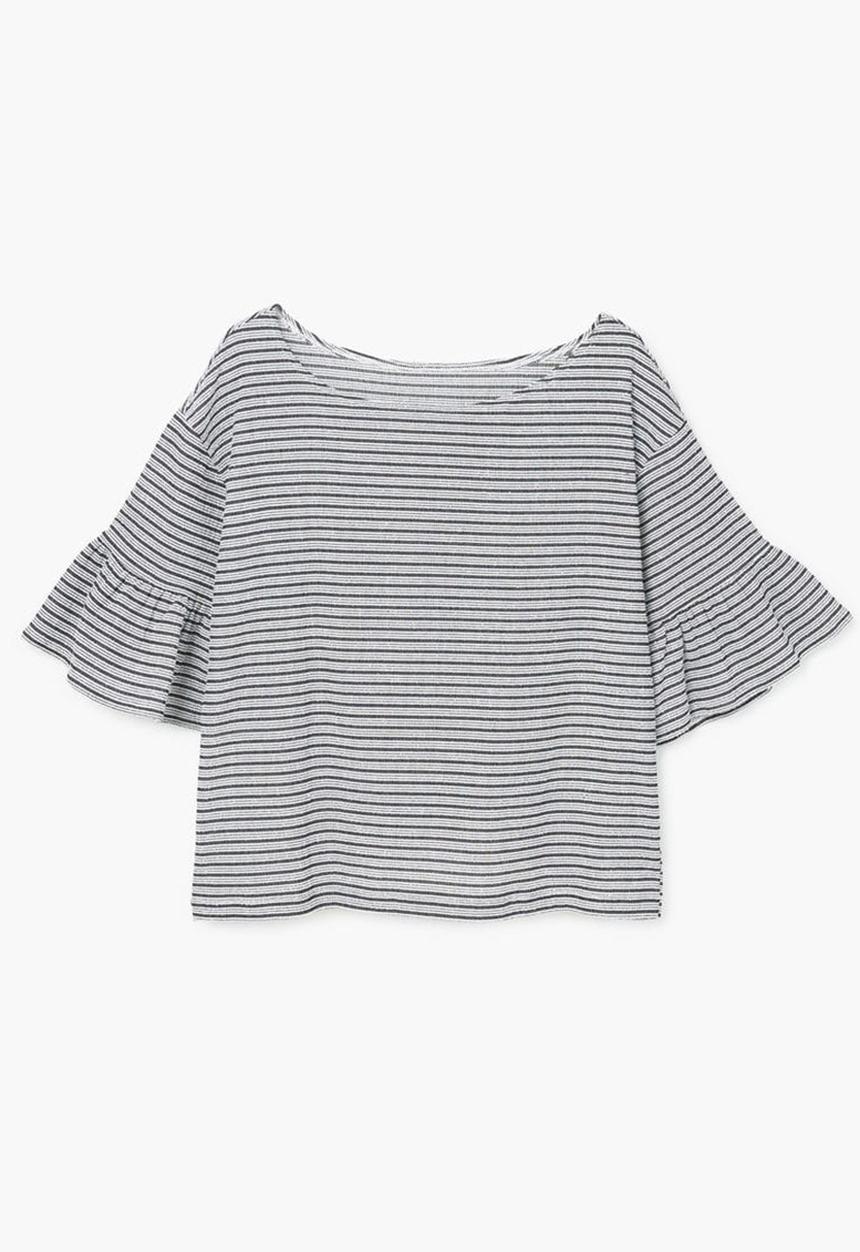 MANGO - Striped Ruffled Sleeve T-shirt Black