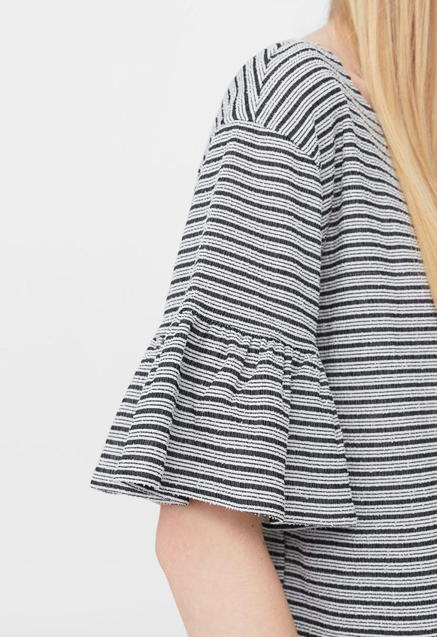 MANGO - Striped Ruffled Sleeve T-shirt Black