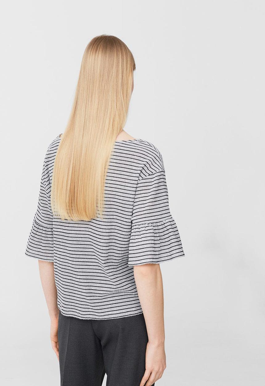 MANGO - Striped Ruffled Sleeve T-shirt Black
