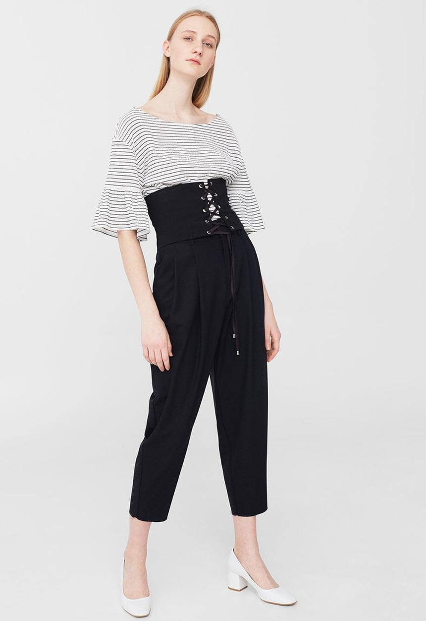 MANGO - Striped Ruffled Sleeve T-shirt Cream