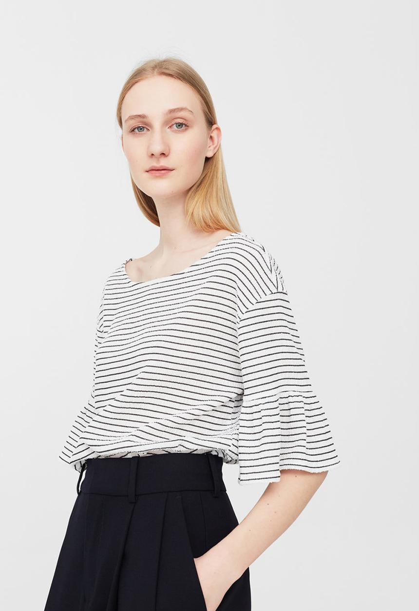 MANGO - Striped Ruffled Sleeve T-shirt Cream
