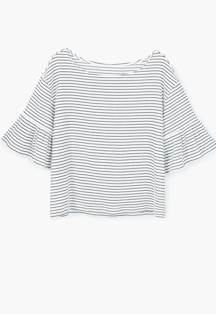 MANGO - Striped Ruffled Sleeve T-shirt Cream