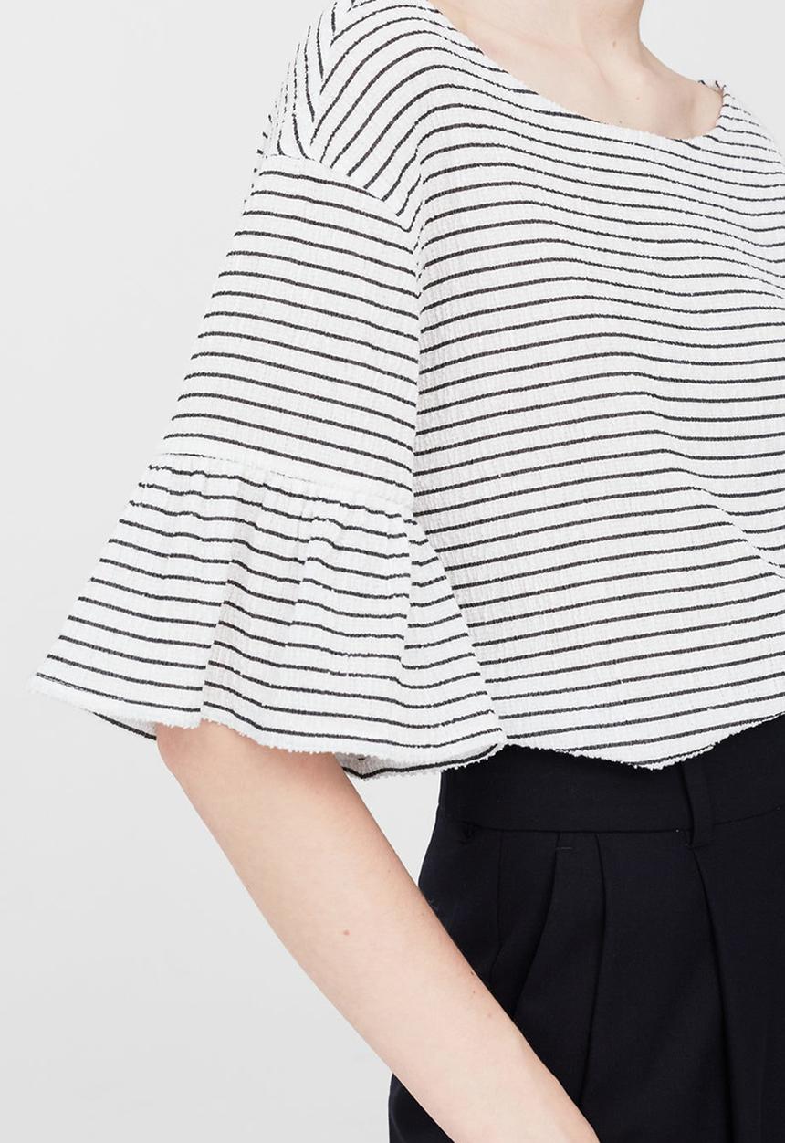 MANGO - Striped Ruffled Sleeve T-shirt Cream