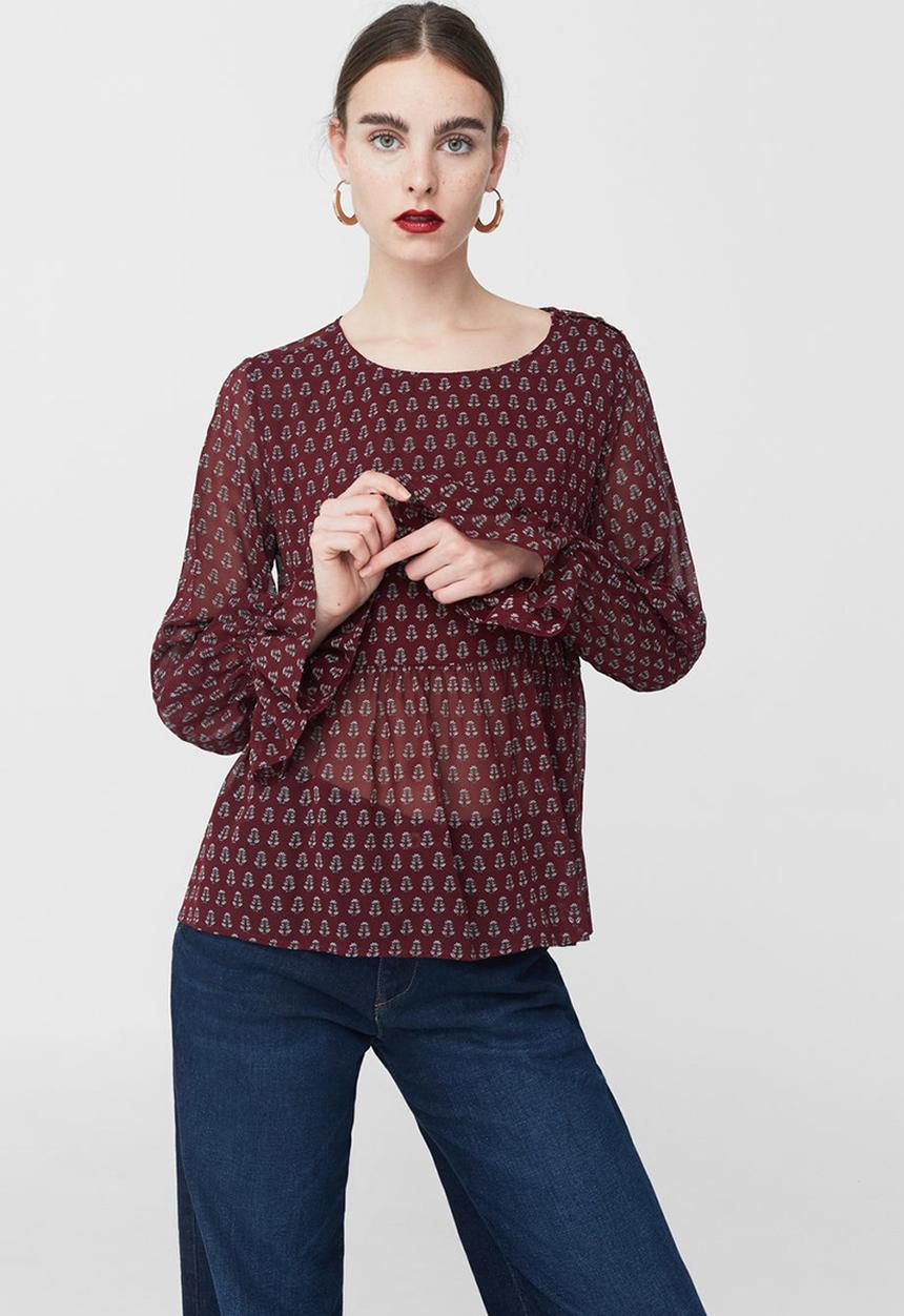 MANGO - Frill Detail Blouse Dark Red