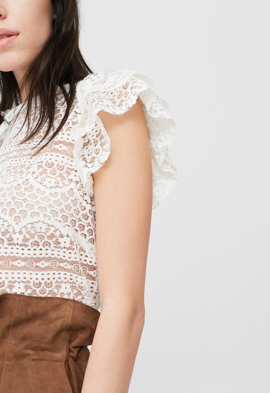 MANGO - Frill Detail Lace Blouse White