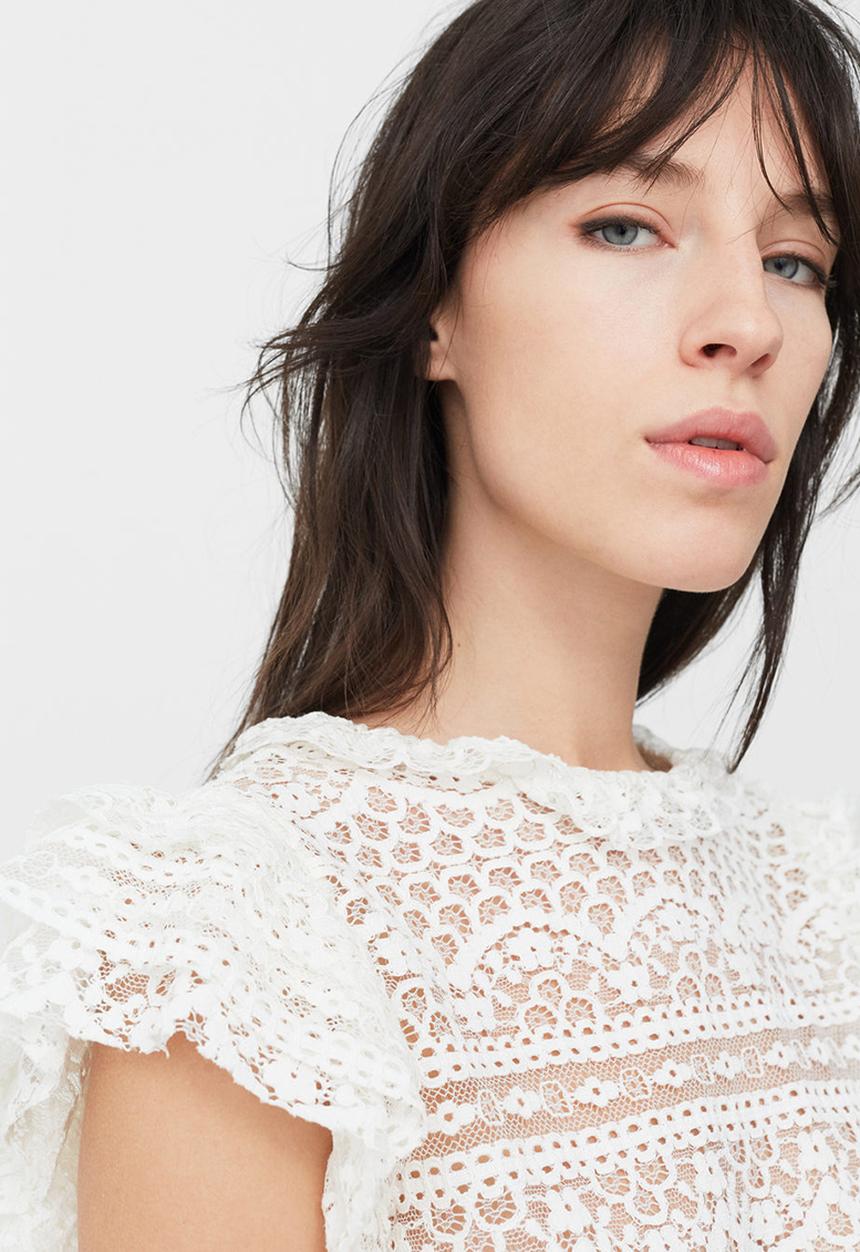 MANGO - Frill Detail Lace Blouse White