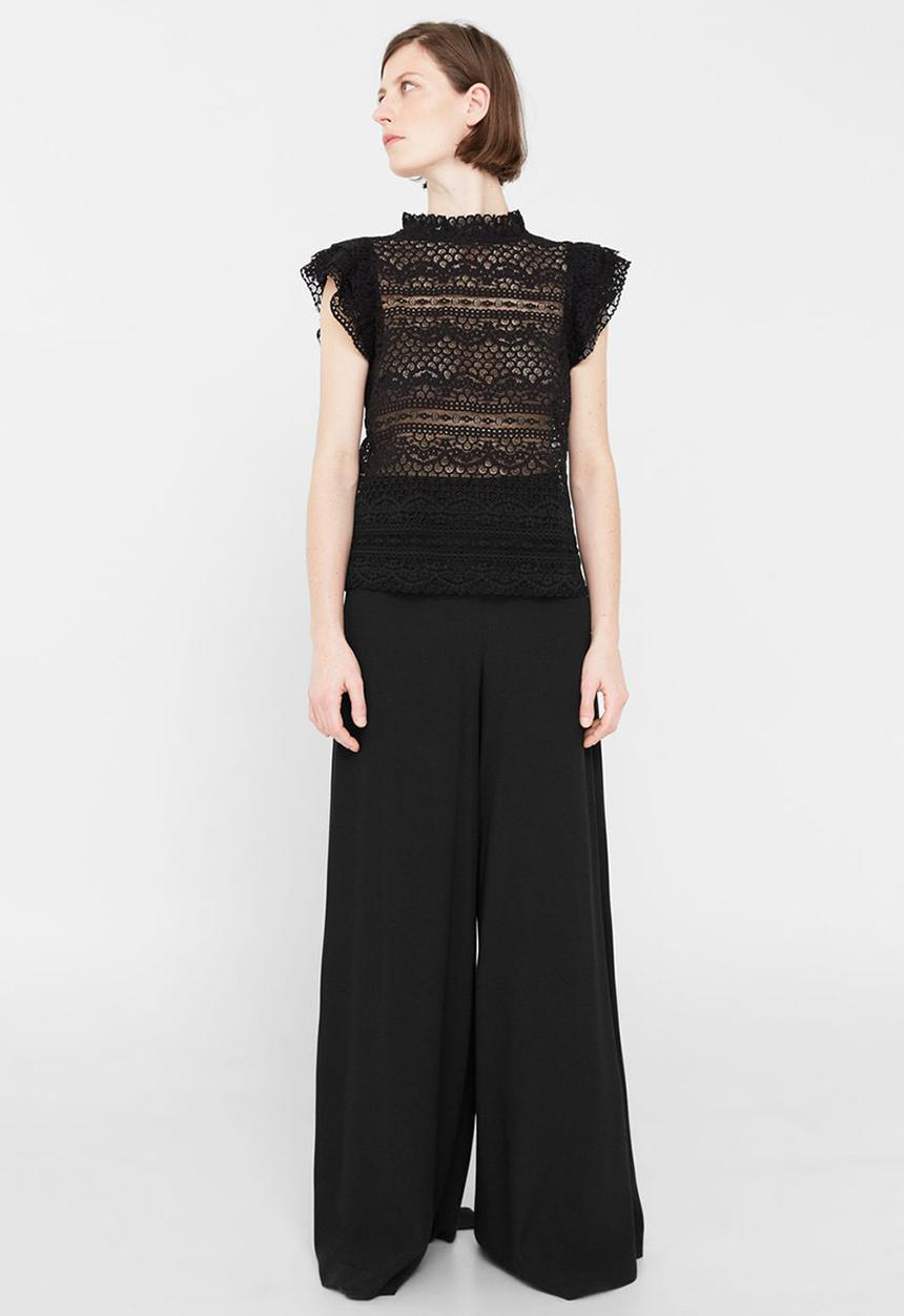 MANGO - Frill Detail Lace Blouse Black