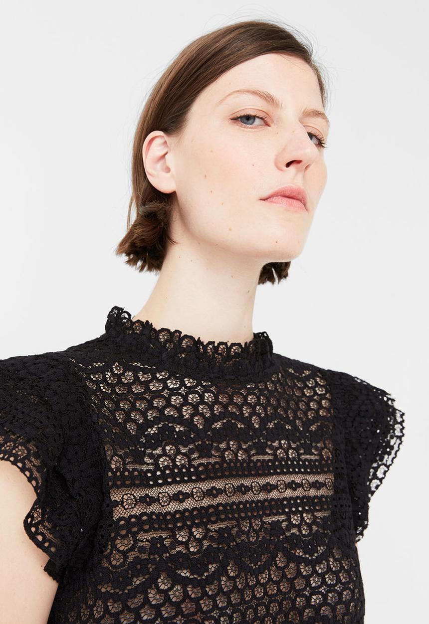MANGO - Frill Detail Lace Blouse Black
