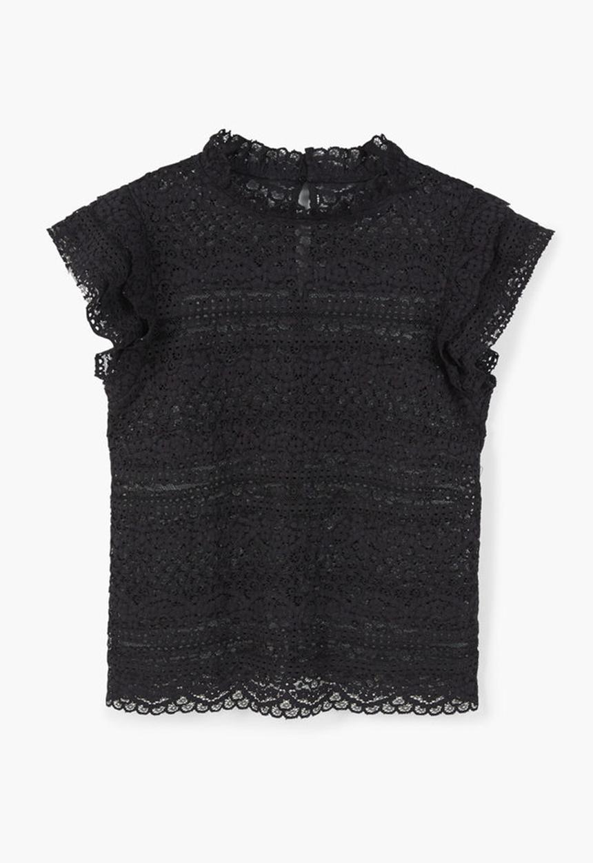 MANGO - Frill Detail Lace Blouse Black