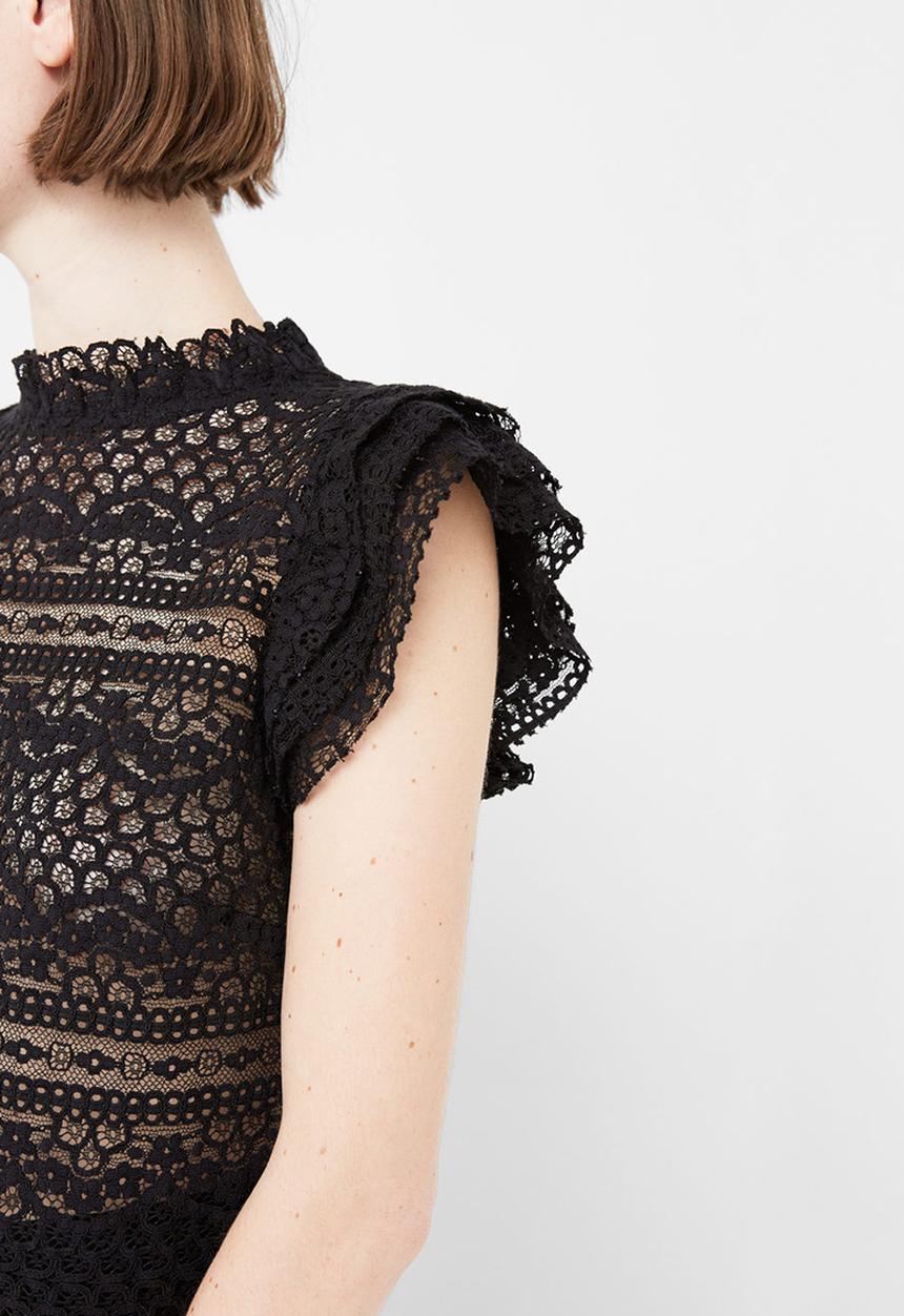 MANGO - Frill Detail Lace Blouse Black