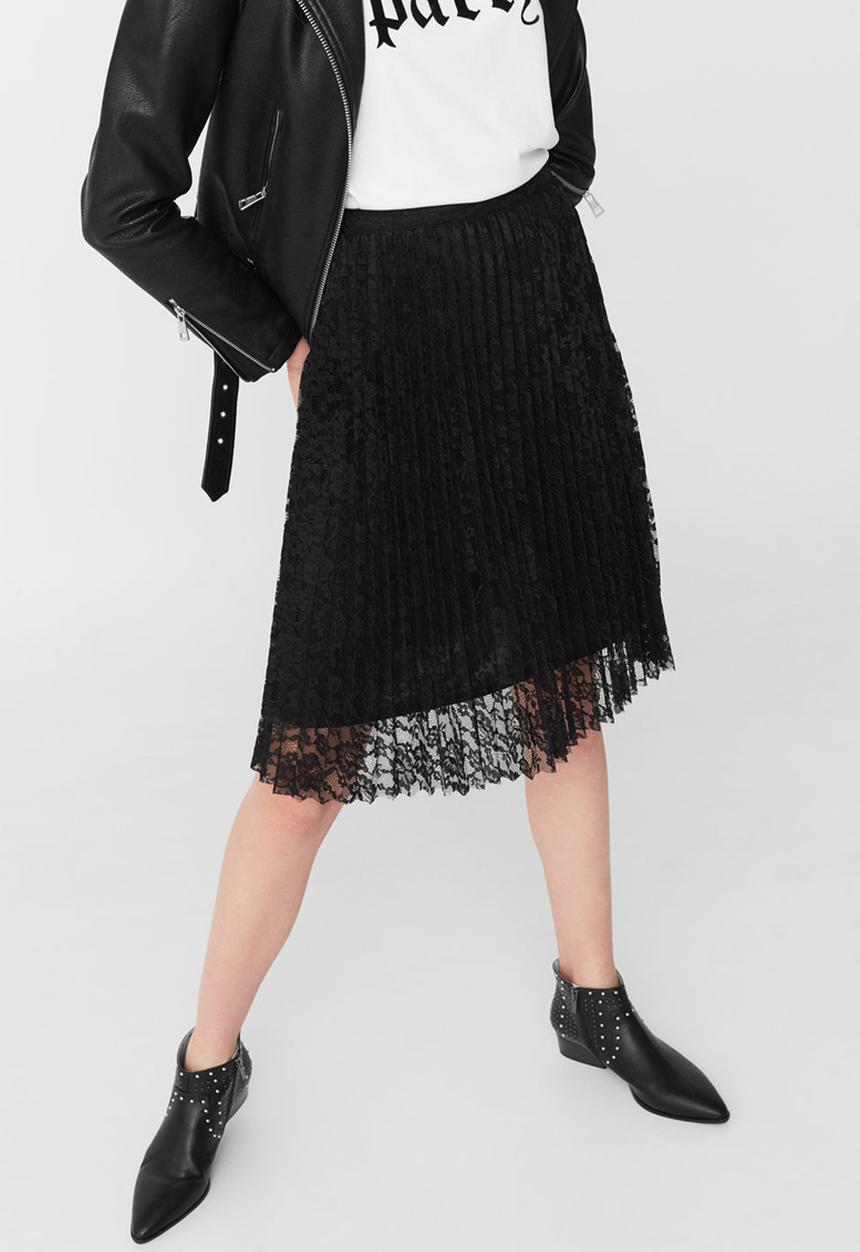 MANGO - Pleated Lace Skirt Black