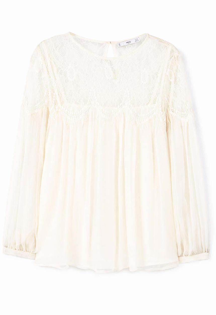 MANGO - Lace Panel Blouse Beige