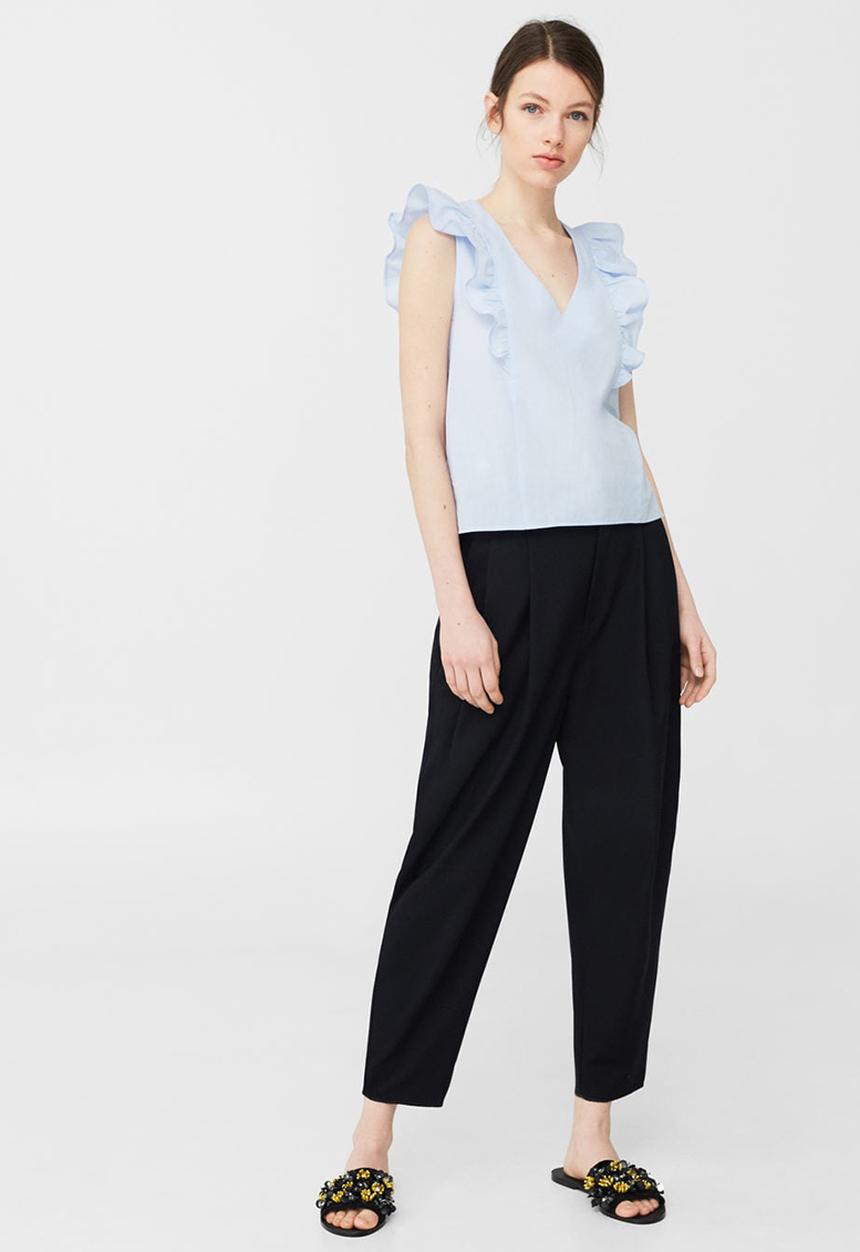 MANGO - Ruffle Detail Blouse Pale Blue