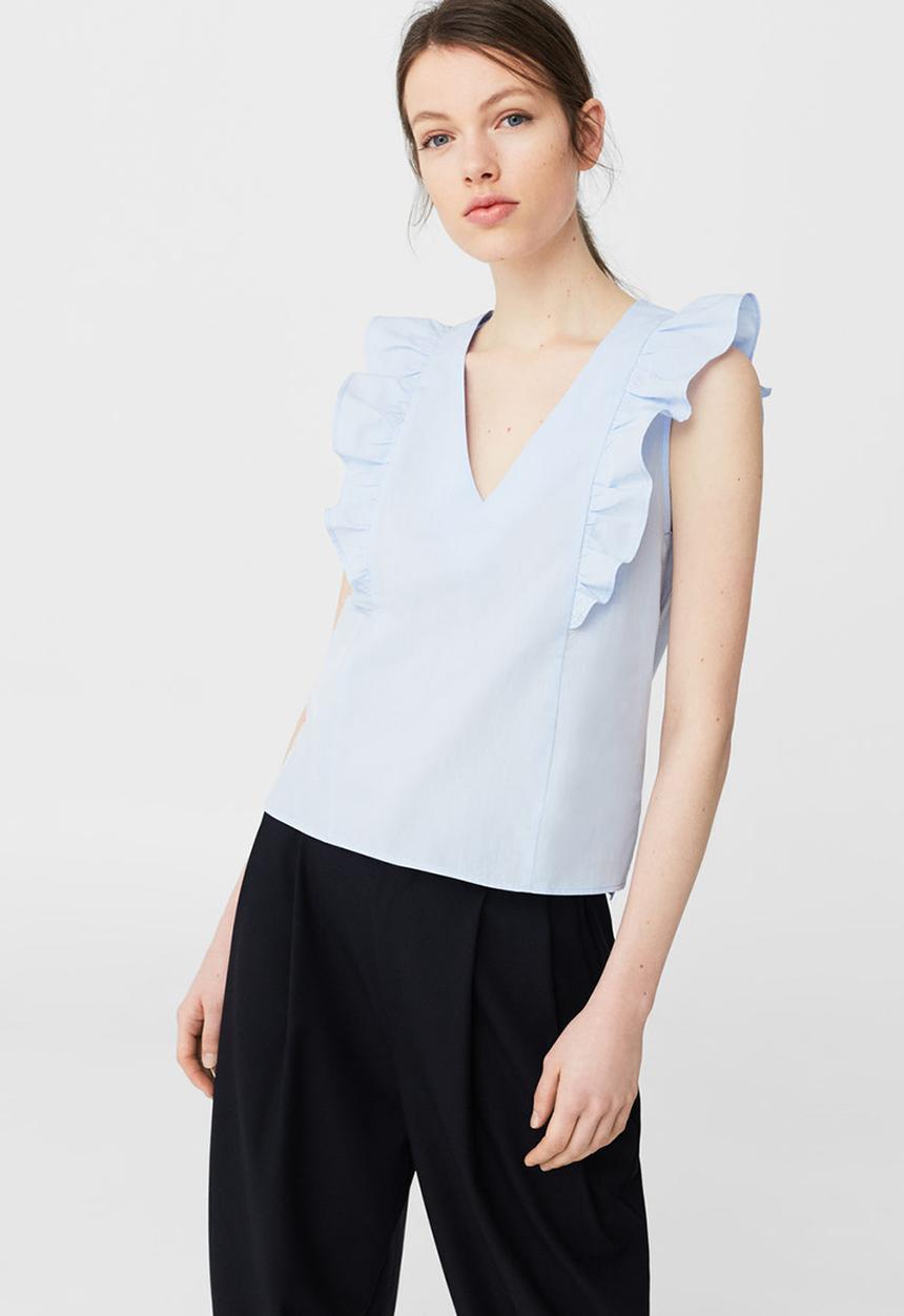 MANGO - Ruffle Detail Blouse Pale Blue