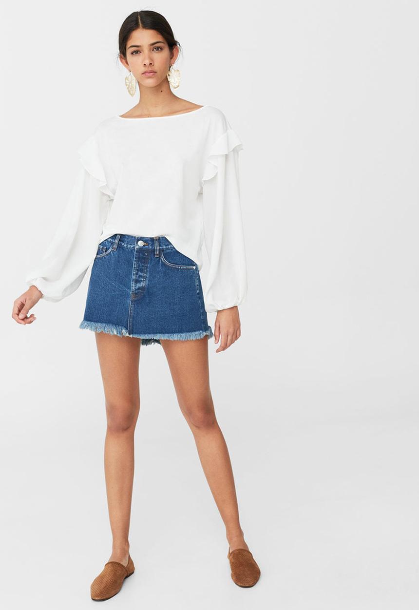 MANGO - Frayed Edge Denim Skirt Mid Blue