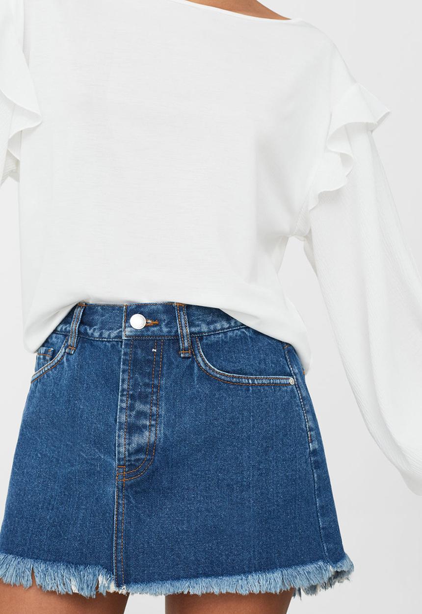 MANGO - Frayed Edge Denim Skirt Mid Blue