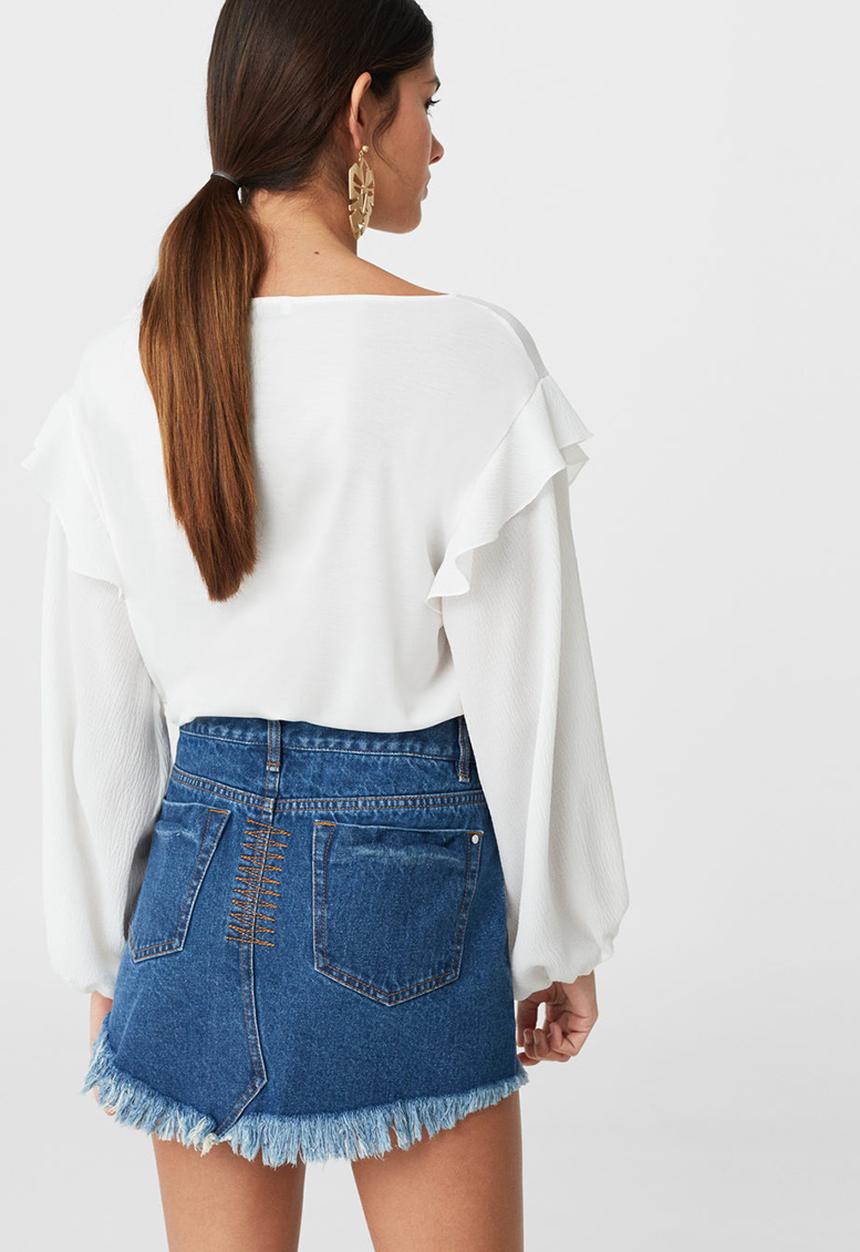 MANGO - Frayed Edge Denim Skirt Mid Blue