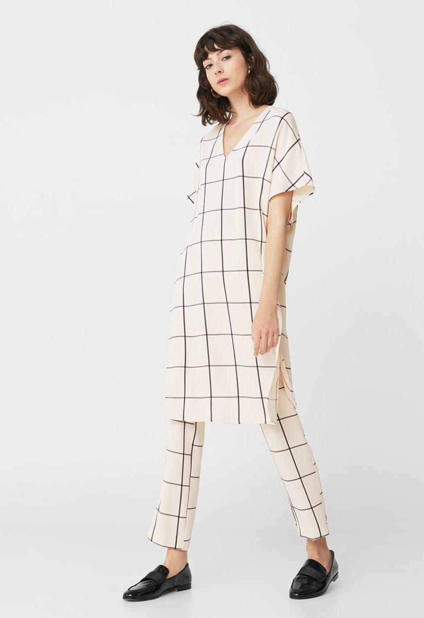 MANGO - Flowy Check Pattern Blouse Beige