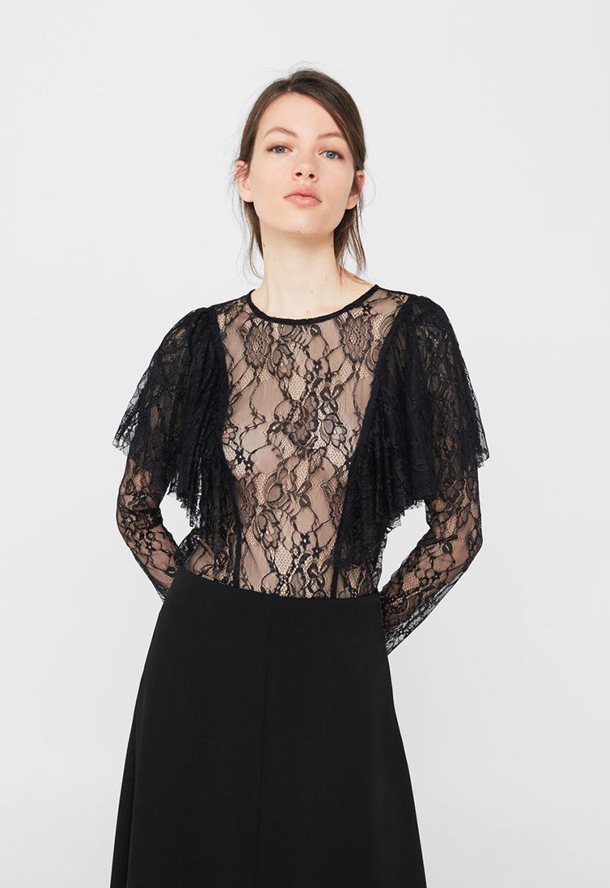 MANGO - Lace Textured Blouse Black