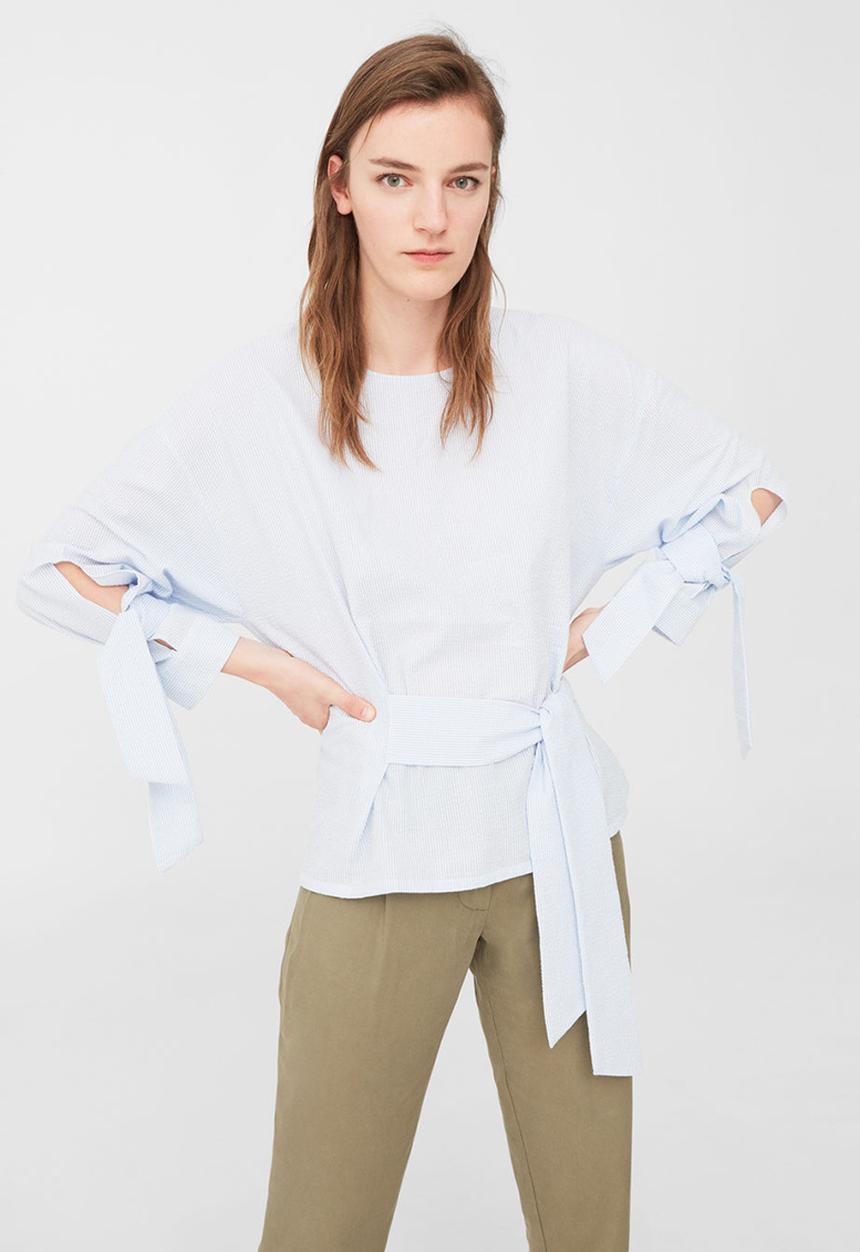MANGO - Belt Detail Blouse Pale Blue