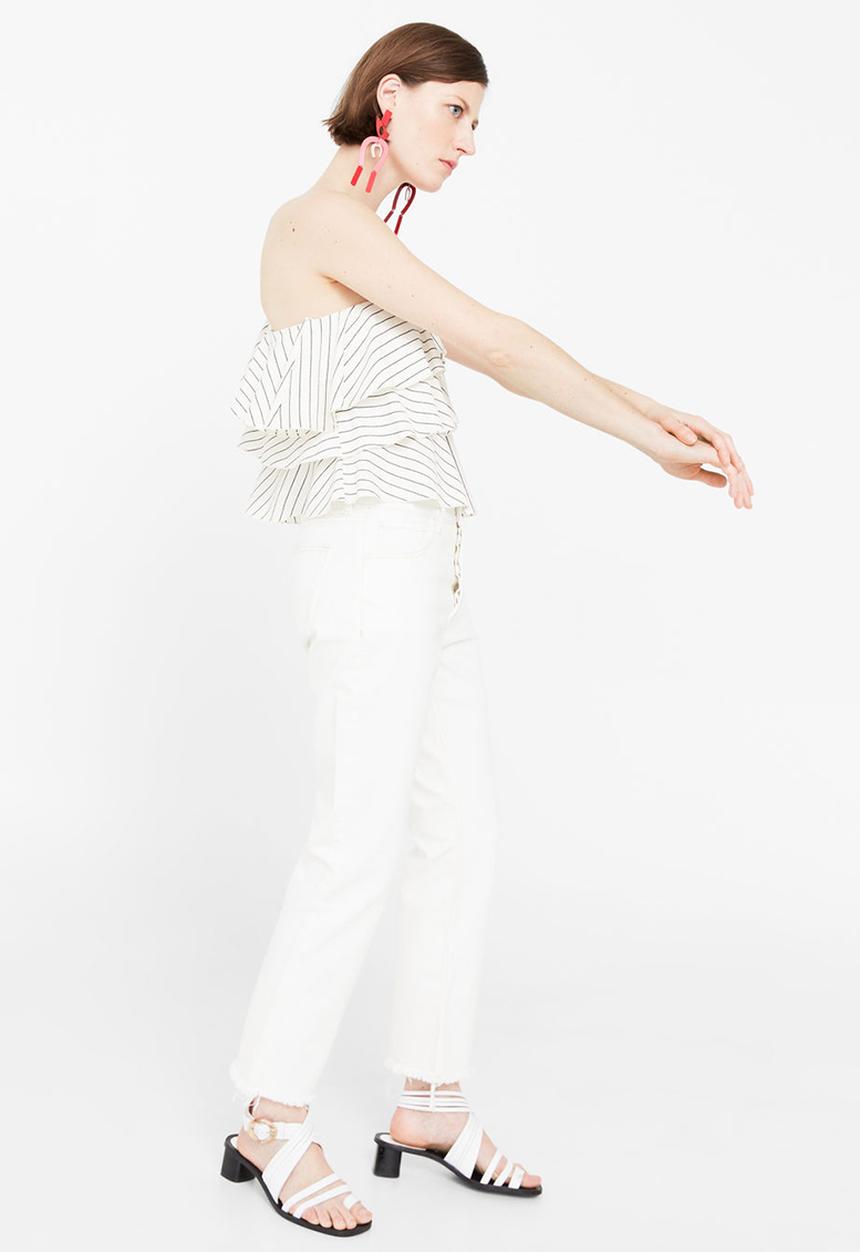 MANGO - One Shoulder Striped Ruffle Blouse Off White