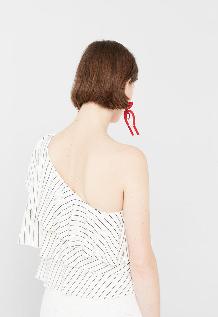 MANGO - One Shoulder Striped Ruffle Blouse Off White