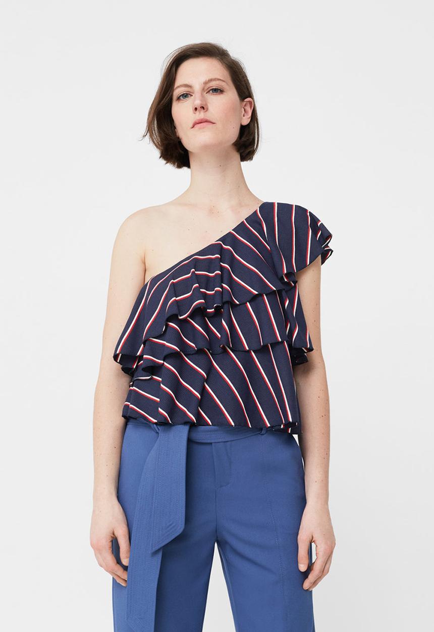MANGO - One Shoulder Striped Ruffle Blouse Navy