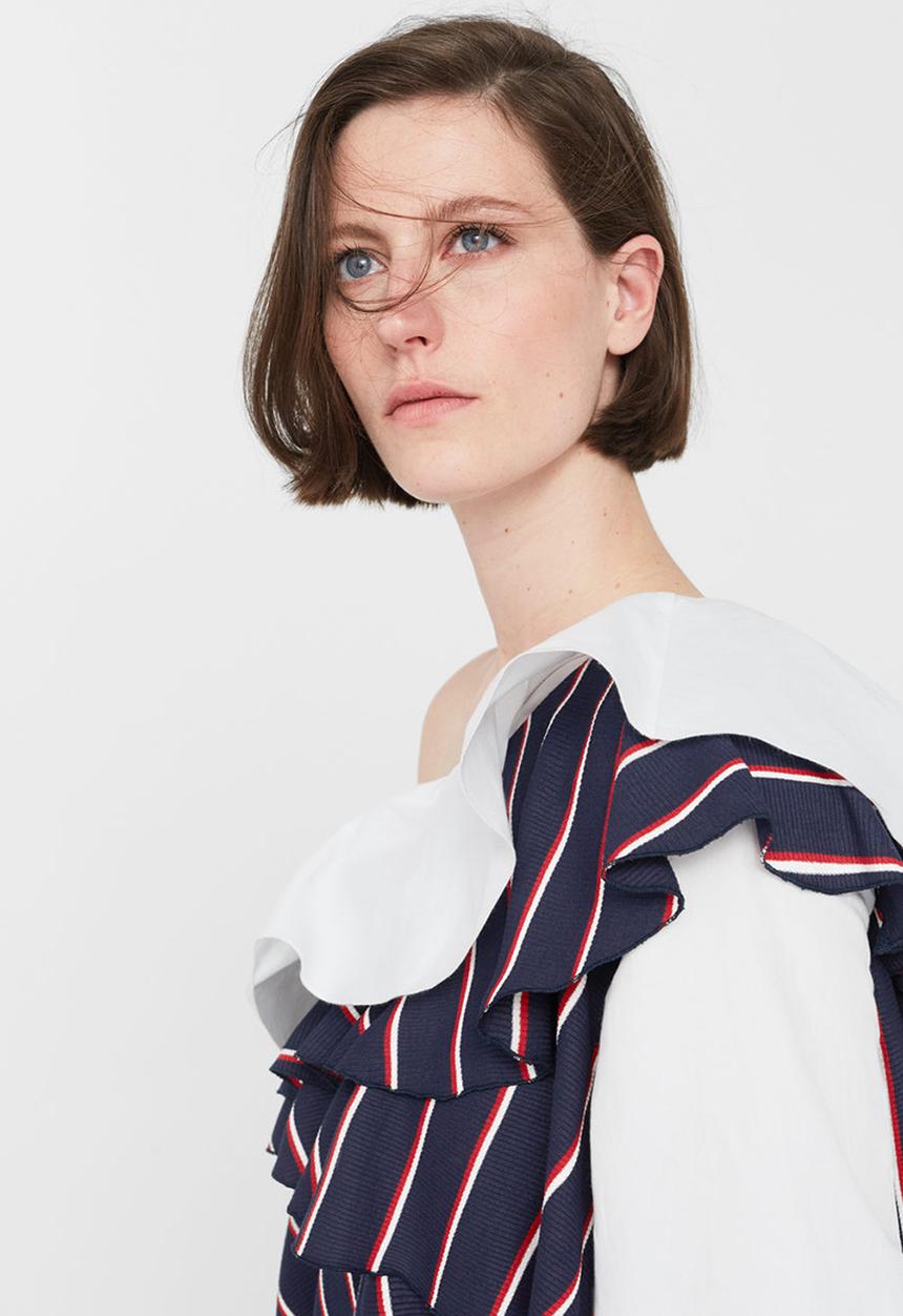 MANGO - One Shoulder Striped Ruffle Blouse Navy