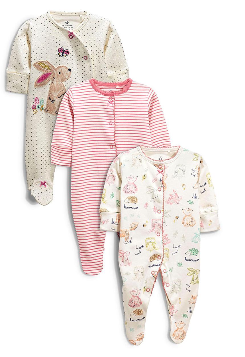 Next - Three Pack Spot Bunny Sleepsuit Mid Pink