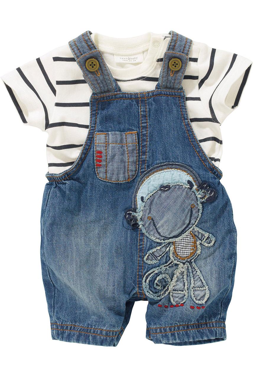 Next - Monkey Cropped Dungarees 2-Piece Set Blue/White