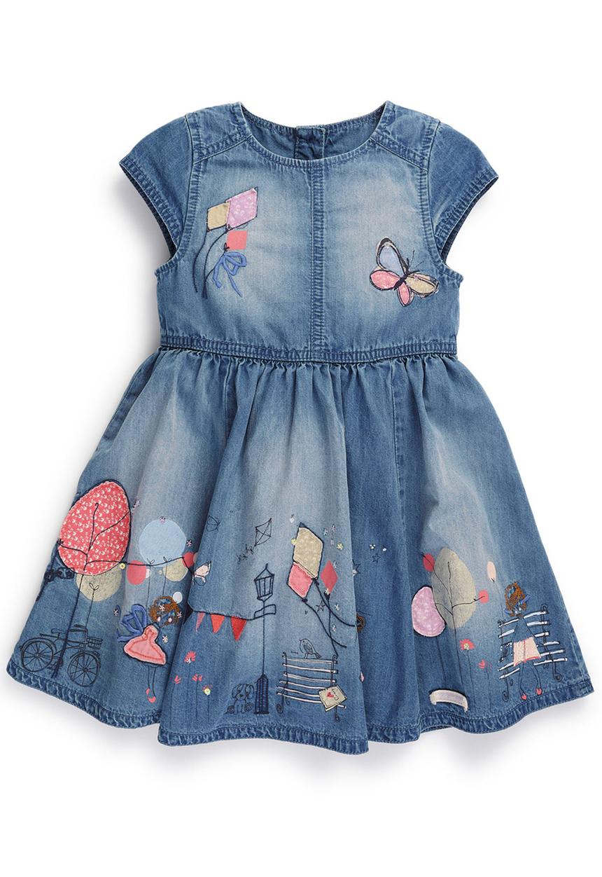 Next - Scene Embroiered Denim Dress Mid Blue