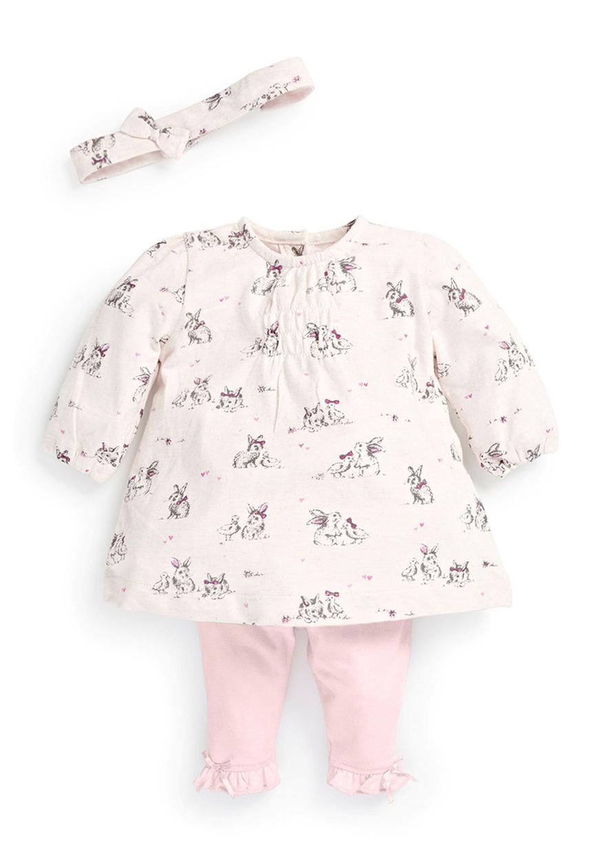 Next - Marl Bunny Printed Tunic Leggings And Headband 3-Piece Set Pale Pink