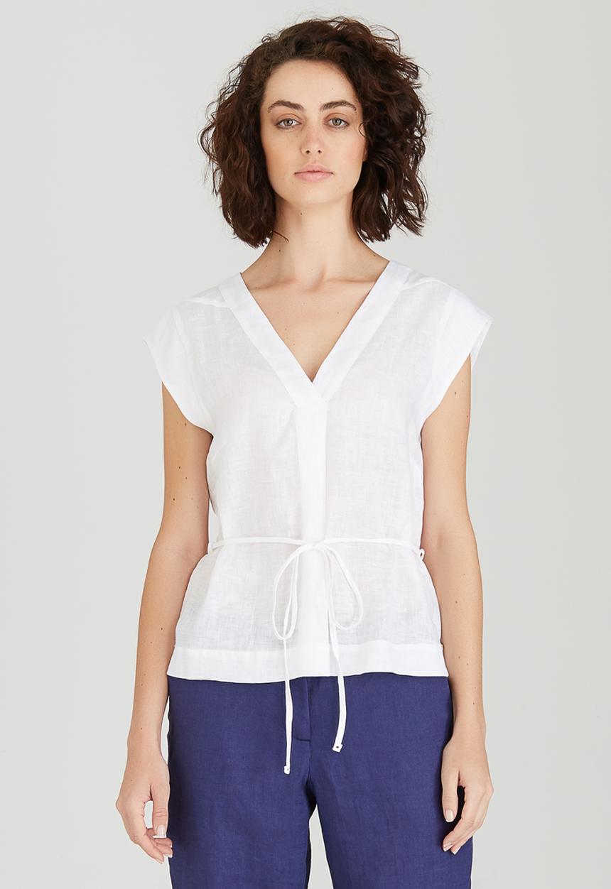 Jenja - Linen V-neck Top with Ties White