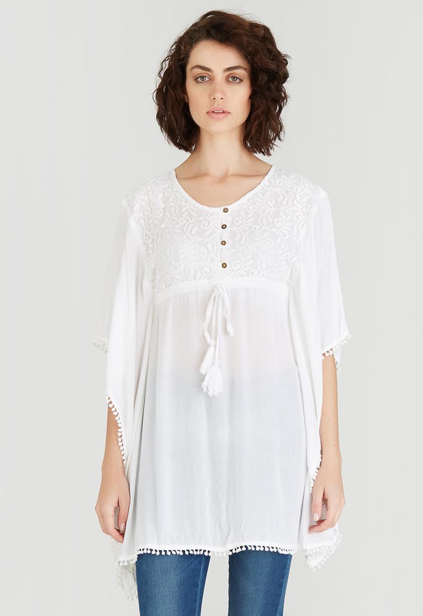 G Couture - Lace Inset Batwing Tunic Top White