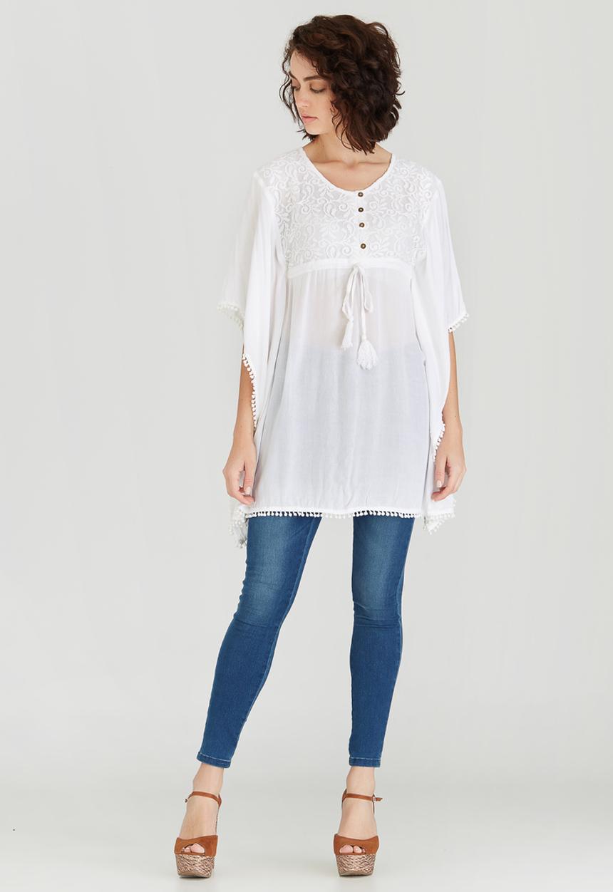 G Couture - Lace Inset Batwing Tunic Top White