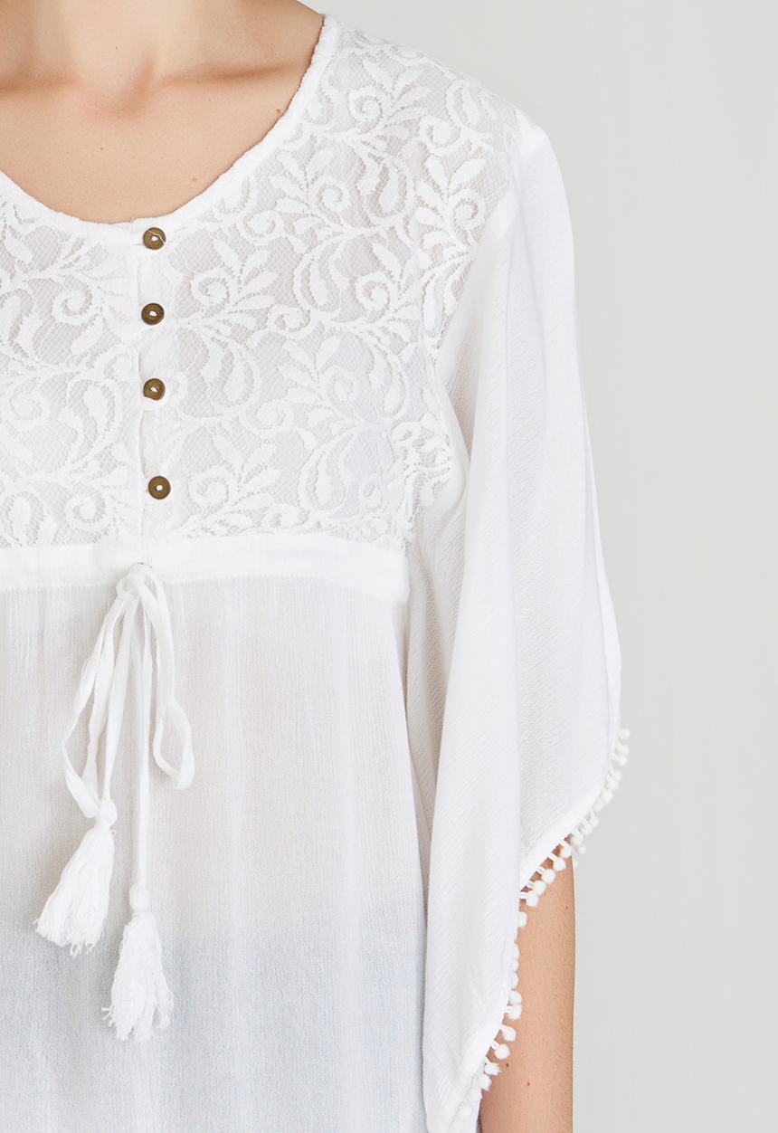 G Couture - Lace Inset Batwing Tunic Top White